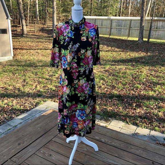 ANTHROPOLOGIE ETT TWA Coreyell Turtle Neck Floral Stretchy Dress Size La… - Picture 2 of 8